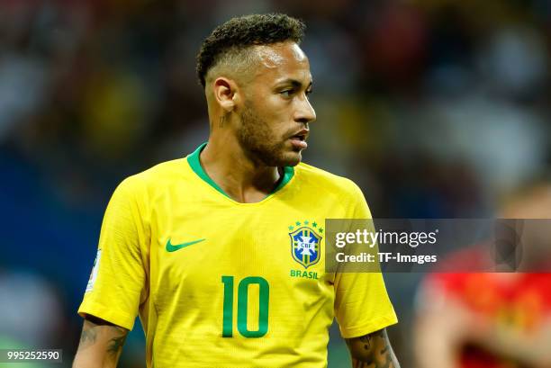 Neymar of Brazil looks on during the 2018 FIFA World Cup Russia Quarter Final match between Brazil and Belgium at Kazan Arena on July 6, 2018 in...