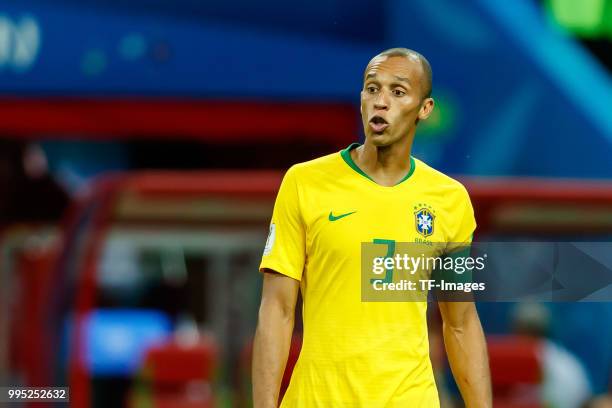 Miranda of Brazil looks on during the 2018 FIFA World Cup Russia Quarter Final match between Brazil and Belgium at Kazan Arena on July 6, 2018 in...