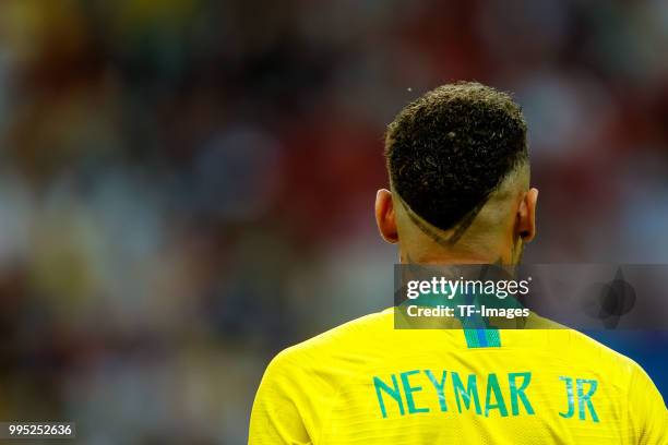 Neymar of Brazil looks on during the 2018 FIFA World Cup Russia Quarter Final match between Brazil and Belgium at Kazan Arena on July 6, 2018 in...