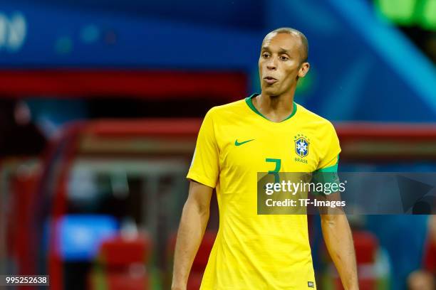 Miranda of Brazil looks on during the 2018 FIFA World Cup Russia Quarter Final match between Brazil and Belgium at Kazan Arena on July 6, 2018 in...