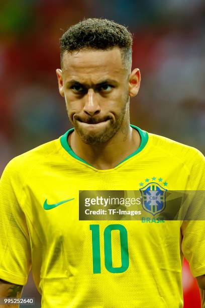 Neymar of Brazil looks on during the 2018 FIFA World Cup Russia Quarter Final match between Brazil and Belgium at Kazan Arena on July 6, 2018 in...