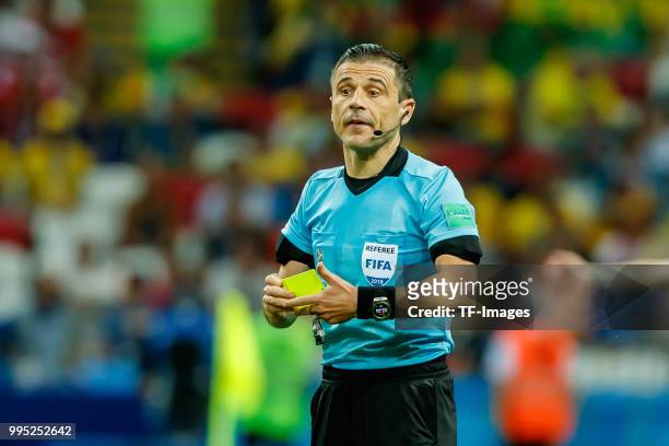 Schiedsrichter Milorad Mazic looks on during the 2018 FIFA World Cup Russia Quarter Final match between Brazil and Belgium at Kazan Arena on July 6,...