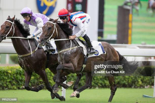 Jockey Tommy Berry riding Stimulation during Race 4 Hoi Ha Handicap at Sha Tin racecourse on July 8 , 2018 in Hong Kong.