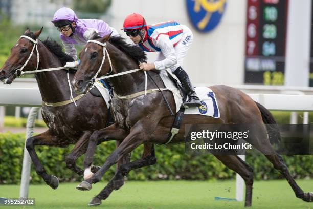 Jockey Tommy Berry riding Stimulation during Race 4 Hoi Ha Handicap at Sha Tin racecourse on July 8 , 2018 in Hong Kong.