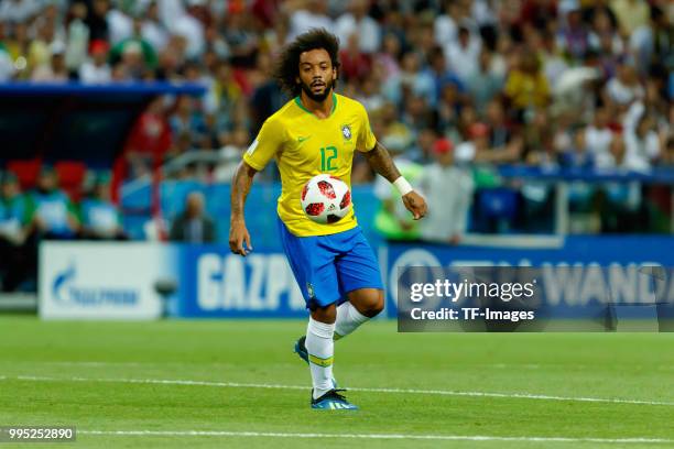 Marcelo of Brazil controls the ball during the 2018 FIFA World Cup Russia Quarter Final match between Brazil and Belgium at Kazan Arena on July 6,...