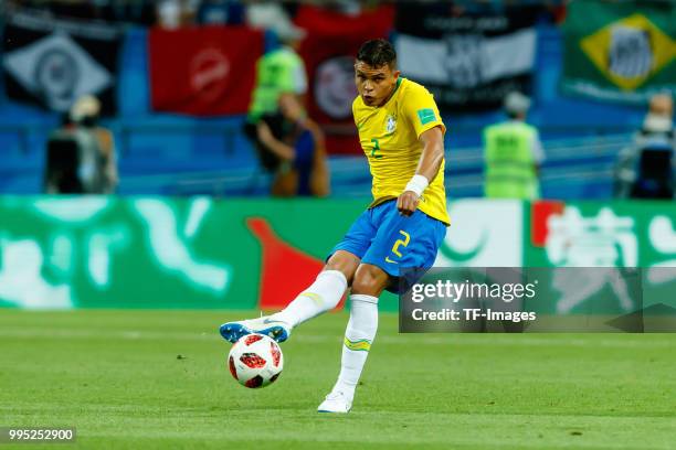 Thiago Silva of Brazil controls the ball during the 2018 FIFA World Cup Russia Quarter Final match between Brazil and Belgium at Kazan Arena on July...