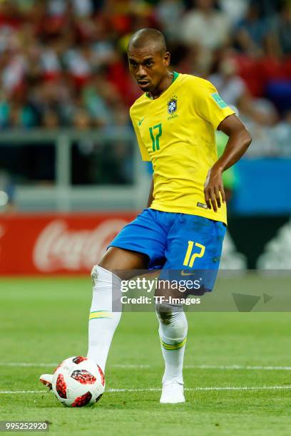Fernandinho of Brazil controls the ball during the 2018 FIFA World Cup Russia Quarter Final match between Brazil and Belgium at Kazan Arena on July...