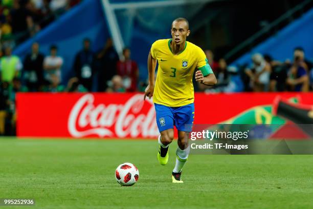 Miranda of Brazil controls the ball during the 2018 FIFA World Cup Russia Quarter Final match between Brazil and Belgium at Kazan Arena on July 6,...