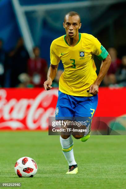 Miranda of Brazil controls the ball during the 2018 FIFA World Cup Russia Quarter Final match between Brazil and Belgium at Kazan Arena on July 6,...
