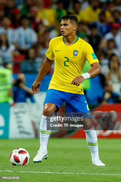 Thiago Silva of Brazil controls the ball during the 2018 FIFA World Cup Russia Quarter Final match between Brazil and Belgium at Kazan Arena on July...