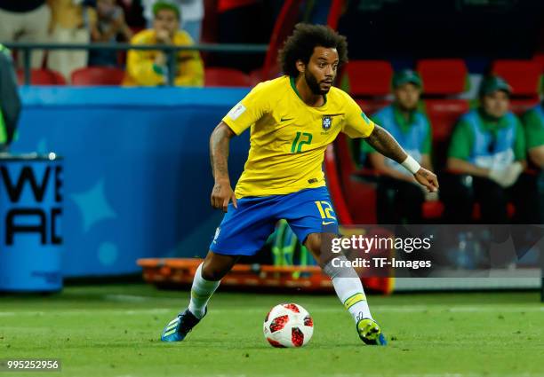 Marcelo of Brazil controls the ball during the 2018 FIFA World Cup Russia Quarter Final match between Brazil and Belgium at Kazan Arena on July 6,...