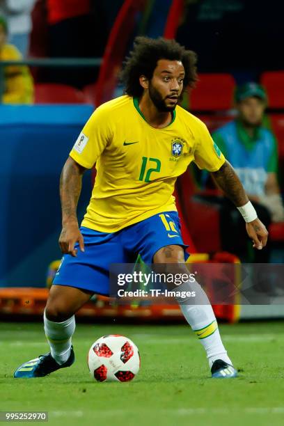 Marcelo of Brazil controls the ball during the 2018 FIFA World Cup Russia Quarter Final match between Brazil and Belgium at Kazan Arena on July 6,...