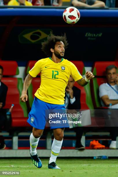 Marcelo of Brazil controls the ball during the 2018 FIFA World Cup Russia Quarter Final match between Brazil and Belgium at Kazan Arena on July 6,...