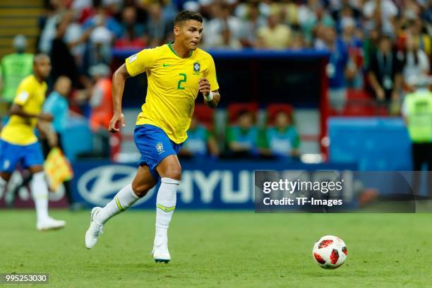 Thiago Silva of Brazil controls the ball during the 2018 FIFA World Cup Russia Quarter Final match between Brazil and Belgium at Kazan Arena on July...