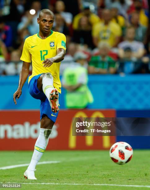 Fernandinho of Brazil controls the ball during the 2018 FIFA World Cup Russia Quarter Final match between Brazil and Belgium at Kazan Arena on July...