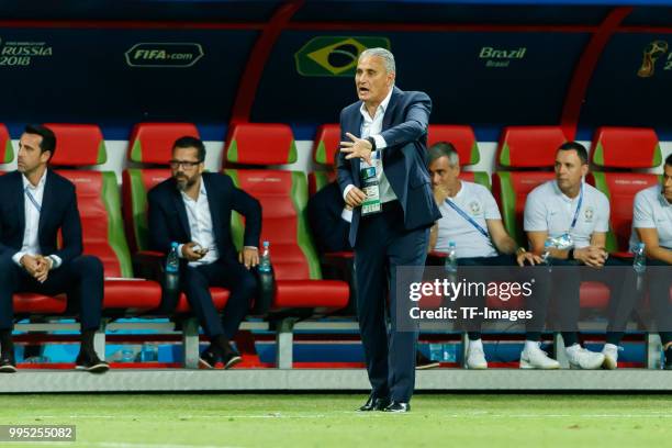 Coach Tite of Brazil gestures during the 2018 FIFA World Cup Russia Quarter Final match between Brazil and Belgium at Kazan Arena on July 6, 2018 in...