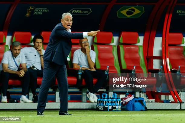 Coach Tite of Brazil gestures during the 2018 FIFA World Cup Russia Quarter Final match between Brazil and Belgium at Kazan Arena on July 6, 2018 in...