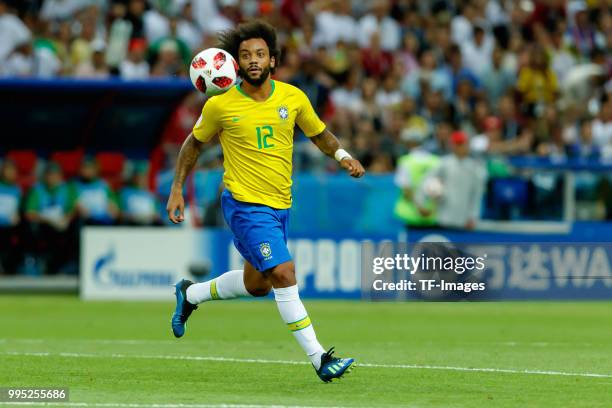 Marcelo of Brazil controls the ball during the 2018 FIFA World Cup Russia Quarter Final match between Brazil and Belgium at Kazan Arena on July 6,...