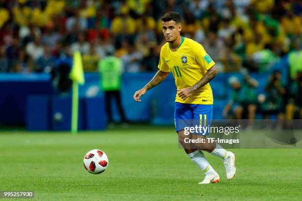 Phlippe Coutinho of Brazil controls the ball during the 2018 FIFA World Cup Russia Quarter Final match between Brazil and Belgium at Kazan Arena on...