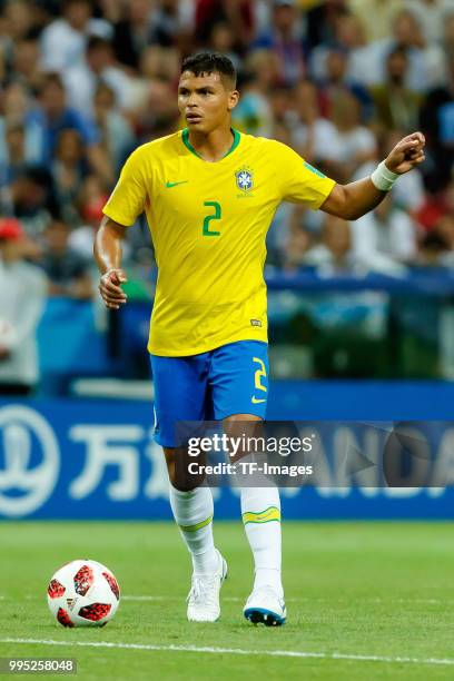 Thiago Silva of Brazil controls the ball during the 2018 FIFA World Cup Russia Quarter Final match between Brazil and Belgium at Kazan Arena on July...