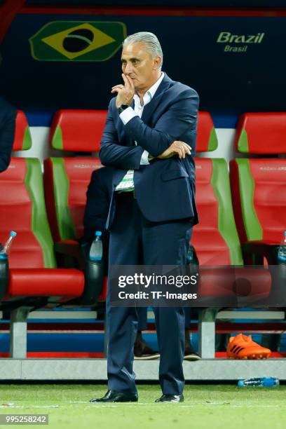 Trainer Tite of Brazil looks on during the 2018 FIFA World Cup Russia Quarter Final match between Brazil and Belgium at Kazan Arena on July 6, 2018...