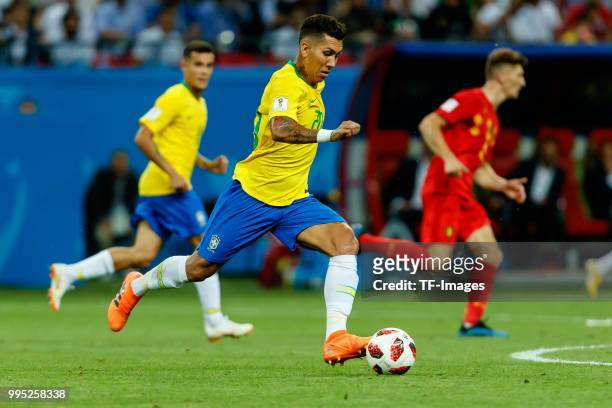Roberto Firmino of Brazil controls the ball during the 2018 FIFA World Cup Russia Quarter Final match between Brazil and Belgium at Kazan Arena on...