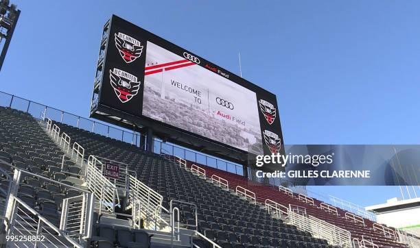 The Audi Field scoreboard welcomes guests for the official ribbon-cutting ceremony on July 9,2018 in Washington, DC. - Audi Field is the home stadium...