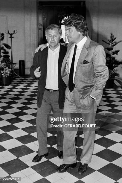 Photo taken on May 21, 1986 in Marseille shows French president of the Olympique de Marseille football club Bernard Tapie and Director of the...