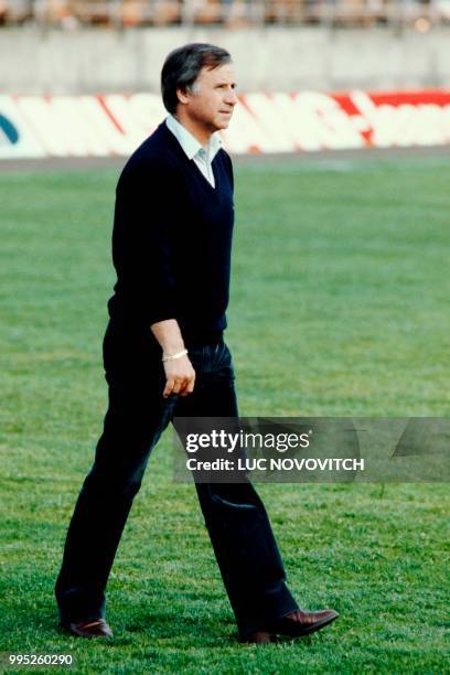 French team coach Michel Hidalgo walks on the pitch at Gerland Stadium in Lyon, on May 17, 1982.