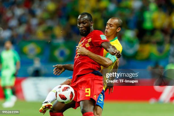 Romelu Lukaku of Belgium and Miranda of Brazil battle for the ball during the 2018 FIFA World Cup Russia Quarter Final match between Brazil and...