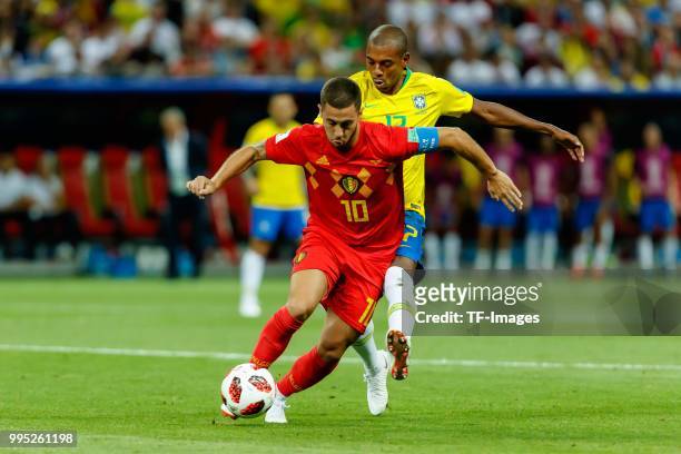 Eden Hazard of Belgium and Fernandinho of Brazil battle for the ball during the 2018 FIFA World Cup Russia Quarter Final match between Brazil and...