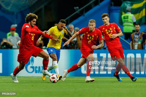 Marouane Fellaini of Belgium, Toby Alderweireld of Belgium and Neymar of Brazil battle for the ball during the 2018 FIFA World Cup Russia Quarter...