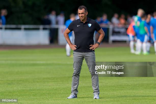 Coach Robin Dutt of Bochum looks on during the Friendly match between FC Bruenninghausen and VfL Bochum on July 4, 2018 in Bochum, Germany.