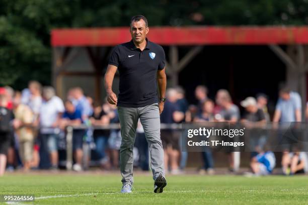 Coach Robin Dutt of Bochum looks on during the Friendly match between FC Bruenninghausen and VfL Bochum on July 4, 2018 in Bochum, Germany.