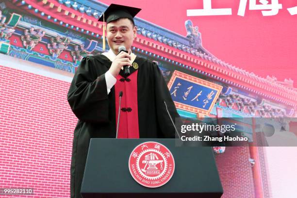 Former NBA player Yao Ming attends the 2018 undergraduate graduation ceremony of Shanghai Jiao Tong University on July 8, 2018 in Shanghai, China.