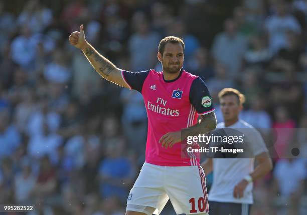 Pierre-Michel Lasogga of Hamburg gestures during the Friendly match between TUS Dassendorf and Hamburger SV on July 4, 2018 in Hamburg, Germany.