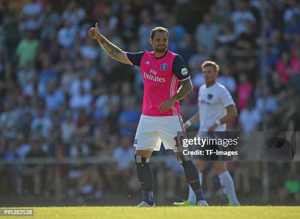 Pierre-Michel Lasogga of Hamburg gestures during the Friendly match between TUS Dassendorf and Hamburger SV on July 4, 2018 in Hamburg, Germany.