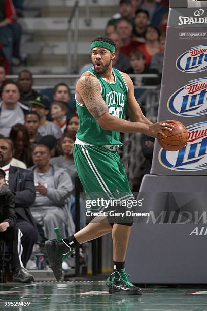 Rasheed Wallace of the Boston Celtics grabs the ball against the Milwaukee Bucks on March 9, 2010 at the Bradley Center in Milwaukee, Wisconsin. NOTE...