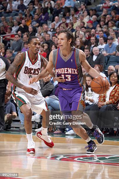 Steve Nash of the Phoenix Suns drives the ball against the Milwaukee Bucks on April 3, 2010 at the Bradley Center in Milwaukee, Wisconsin. NOTE TO...
