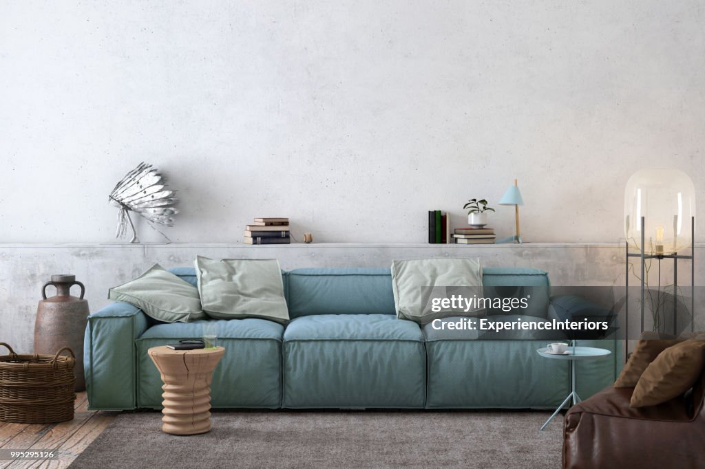 Modern Nordic living room interior with sofa and lots of details