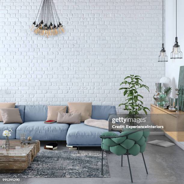 moderne nordische wohnzimmer interieur mit sofa und viele details - table brick wall wood stock-fotos und bilder