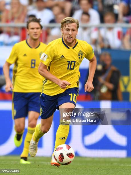 Emil Forsberg of Sweden in action during the 2018 FIFA World Cup Russia Quarter Final match between Sweden and England at Samara Arena on July 7,...