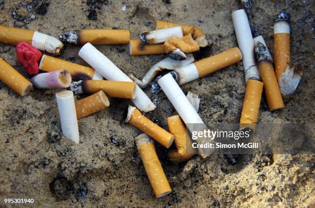 cigarette butts stubbed out in a metal bucket of sand - filtre de cigarette photos et images de collection