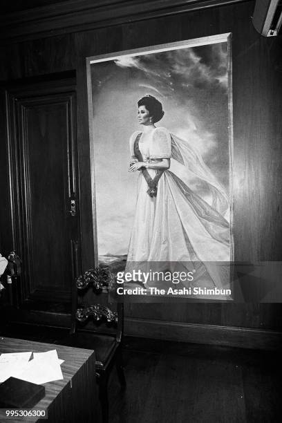 Portrait of Imelda Marcos, wife of ousted Ferdinand Marcos is seen at Malacanang Palace after Ferdinand Marcos's departure on February 25, 1986 in...