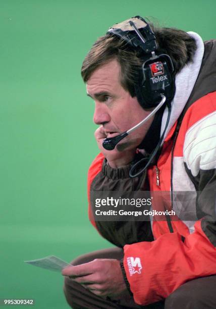 Head coach Bill Belichick of the Cleveland Browns looks on from the sideline during a game against the Pittsburgh Steelers at Three Rivers Stadium on...