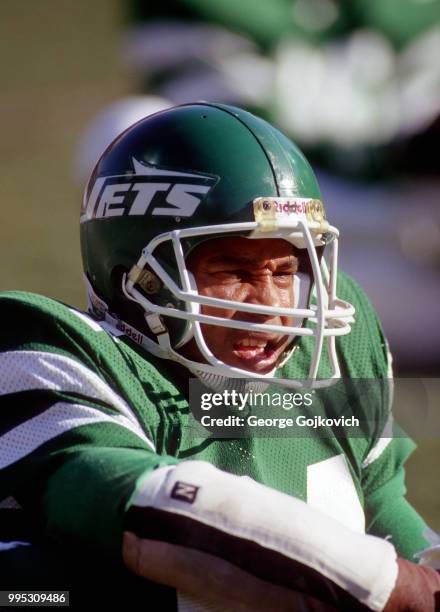 Running back Freeman McNeil of the New York Jets looks on from the field before a playoff game against the Cleveland Browns at Cleveland Municipal...