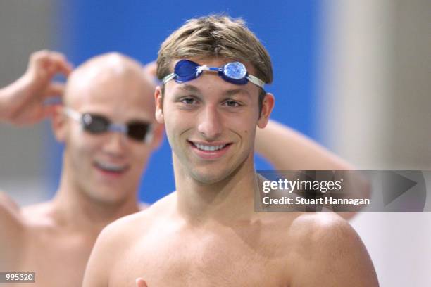 Michael Klim and Ian Thorpe of Australia prepare for practice at the Chandler Aquatic Centre in advance of the Goodwill Games in Brisbane, Australia....