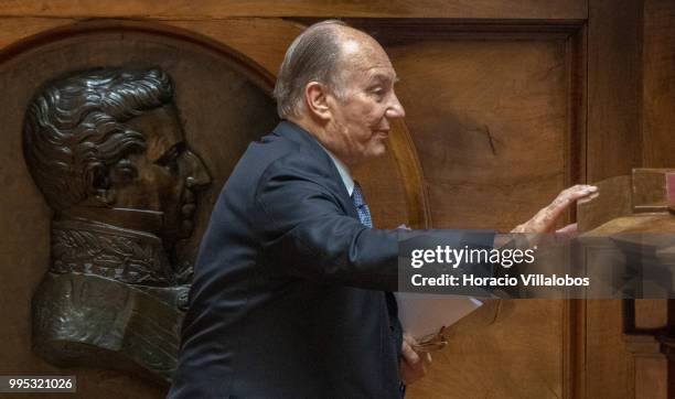 Shah Karim Al-Hussaini, Prince Aga Khan IV gets to the speakers' rostrum in the senate hemicycle during the welcoming ceremony at the parliament...