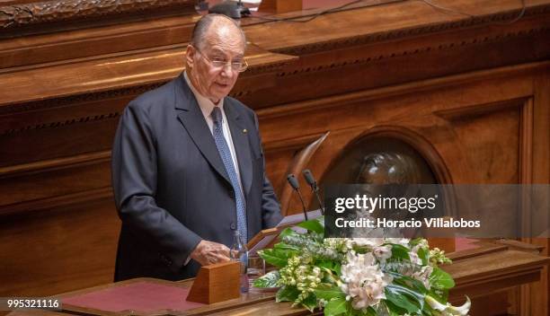 Shah Karim Al-Hussaini, Prince Aga Khan IV delivers the keynote speech in the senate hemicycle during the welcoming ceremony at the parliament within...