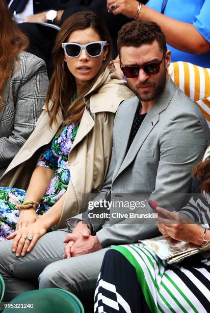 Justin Timberlake and his wife Jessica Biel attend day eight of the Wimbledon Lawn Tennis Championships at All England Lawn Tennis and Croquet Club...